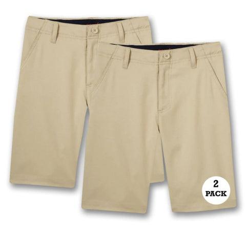 Two pairs of beige shorts on a white background with a '2 Pack' label.