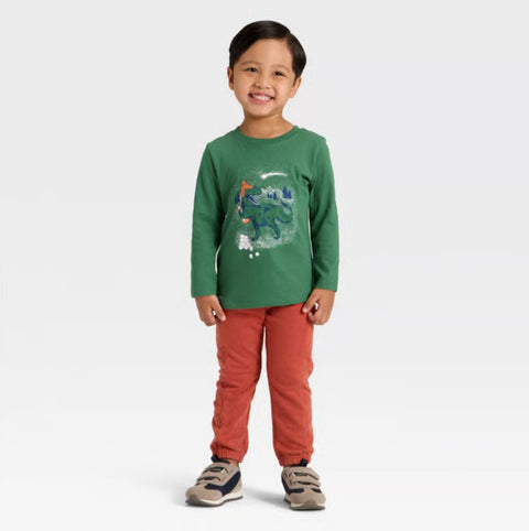 Cat & Jack Boy's Green Long Sleeve Dino Snowball Graphic Blouse | Cat & Jack In Lebanon