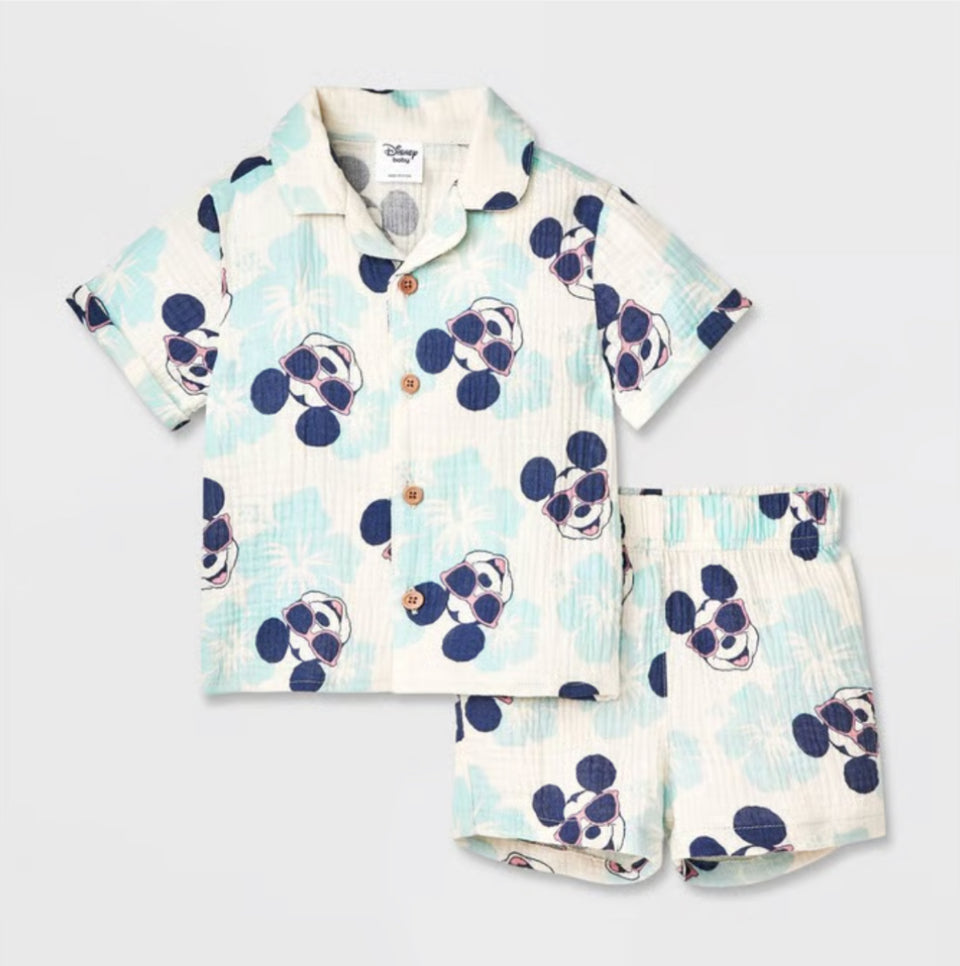Disney Baby Boy's Blue 2pc Mickey Mouse Woven Gauze Button-Up Top & Shorts Set | Disney In Lebanon