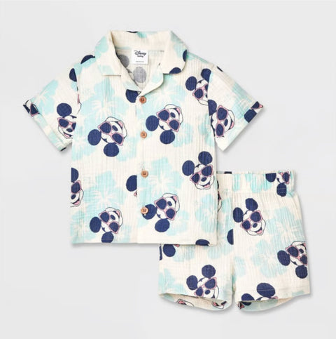 Disney Baby Boy's Blue 2pc Mickey Mouse Woven Gauze Button-Up Top & Shorts Set | Disney In Lebanon