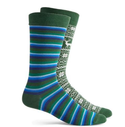 Two green socks with different patterns on a white background