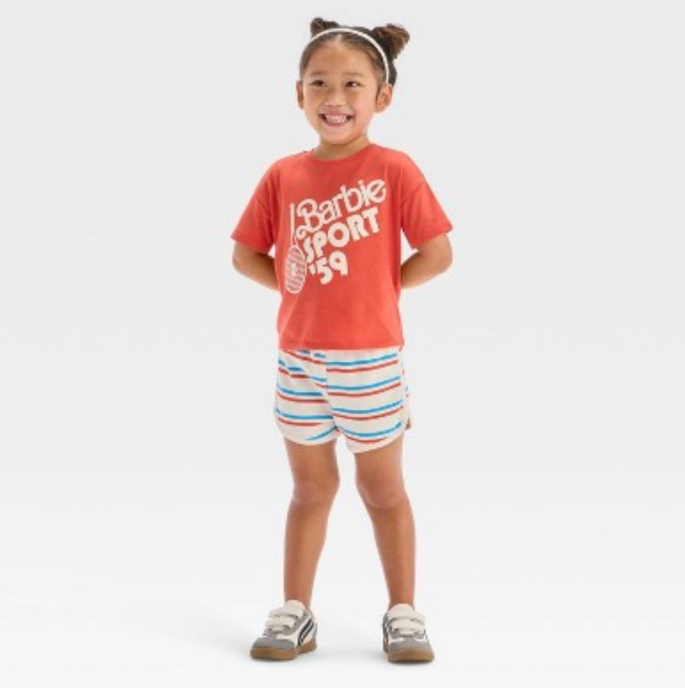 Barbie Baby Girl's Red 2pc Mattel Sporty Retro T-Shirt & Striped Shorts Set | Barbie In Lebanon
