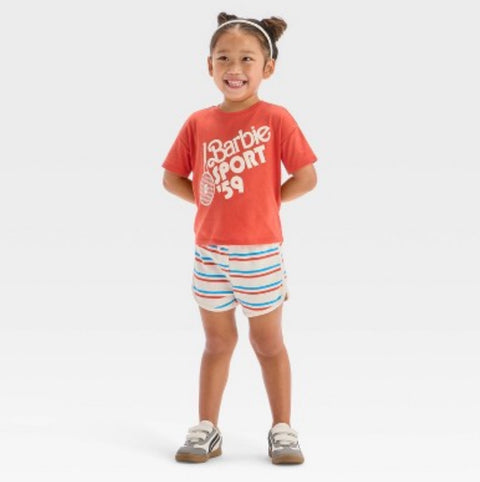 Barbie Baby Girl's Red 2pc Mattel Sporty Retro T-Shirt & Striped Shorts Set | Barbie In Lebanon