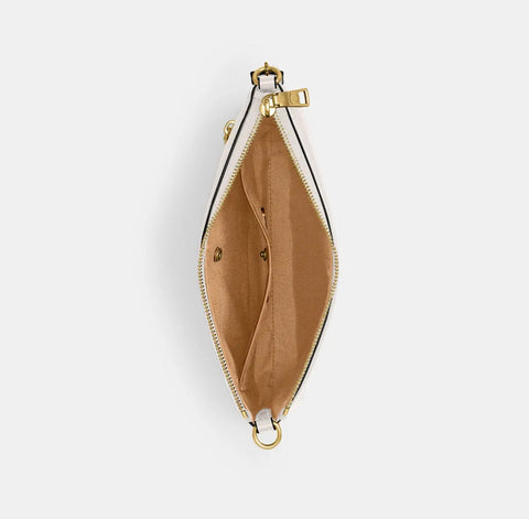 Open beige pouch with gold zipper on a white background