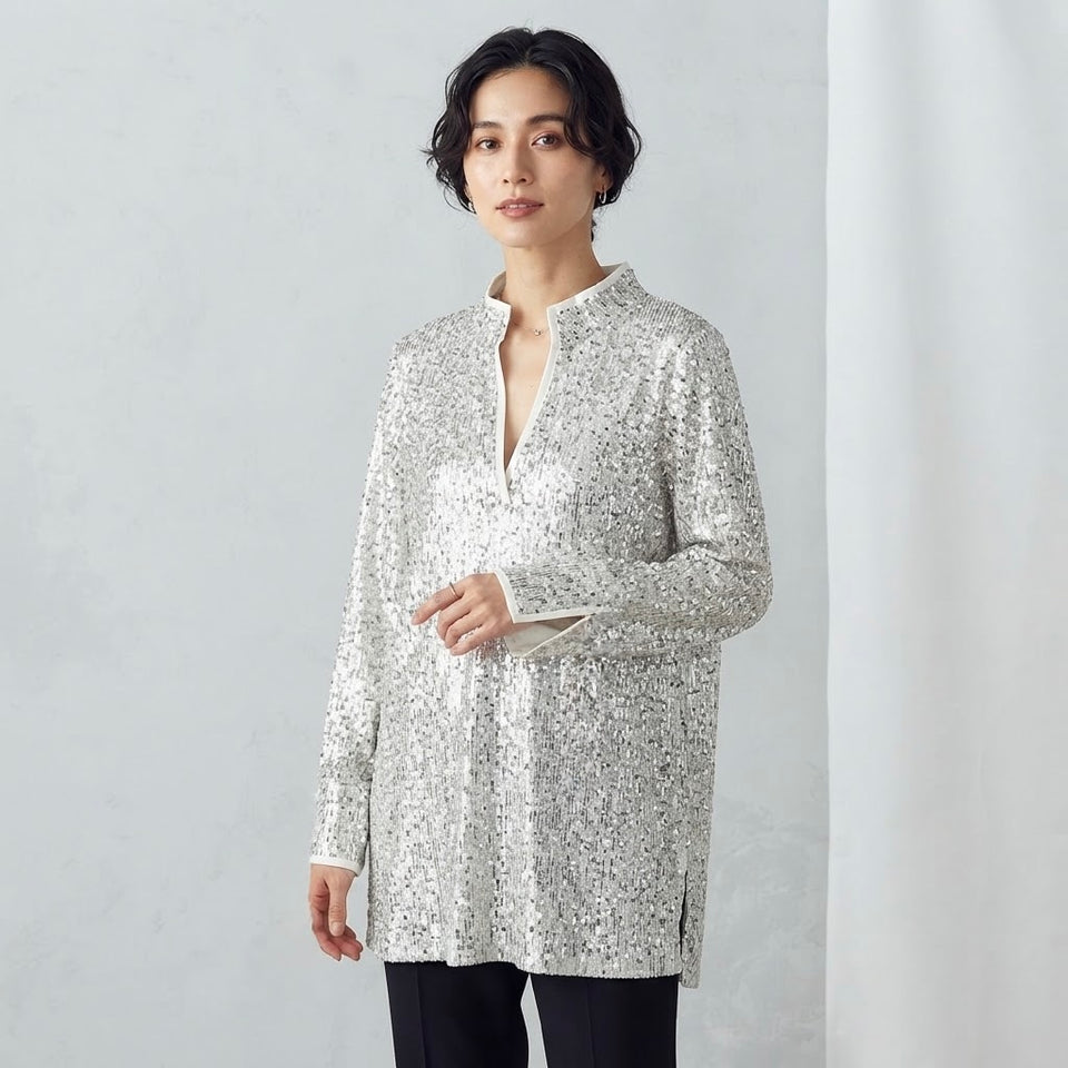 Vince Camuto Women's Silver Sequined Split-Neck Blouse