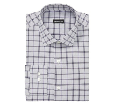 Gray checkered dress shirt with Van Heusen label on a white background