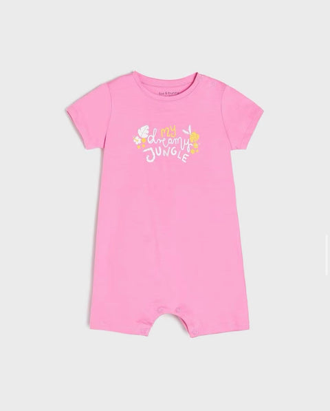 Pink baby romper with text and floral design on a white background