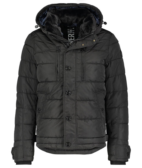 Black puffer jacket with a hood on a white background