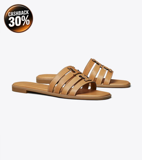 Pair of tan sandals on a white background
