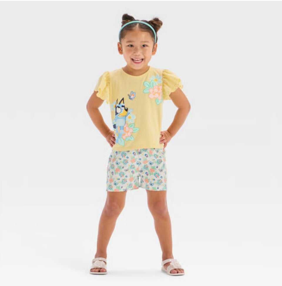 Bluey Girl's Light Yellow Eyelet Sleeve Top & Woven Shorts Set | Bluey In Lebanon
