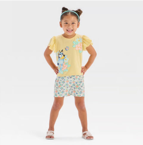 Bluey Girl's Light Yellow Eyelet Sleeve Top & Woven Shorts Set | Bluey In Lebanon