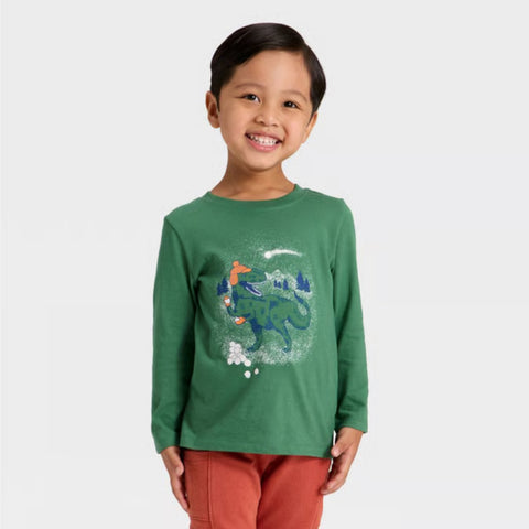 Cat & Jack Boy's Green Long Sleeve Dino Snowball Graphic Blouse | Cat & Jack In Lebanon