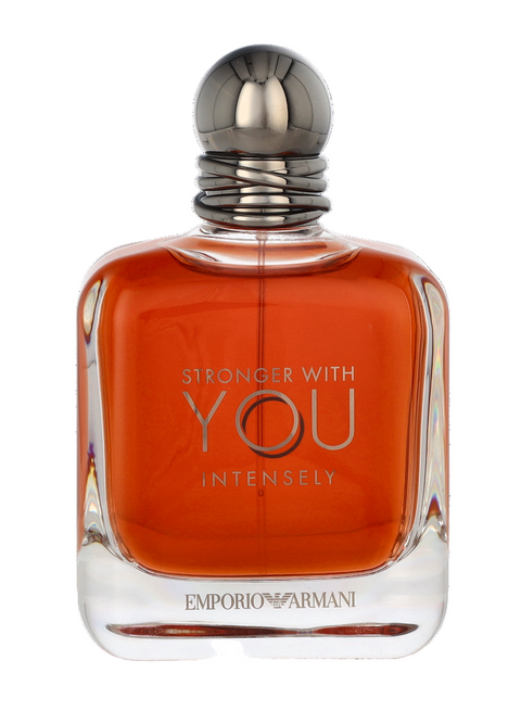 Perfume bottle with 'Stronger with You Intensely' text and Emporio Armani branding on a white background