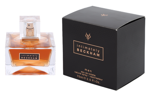 Perfume bottle and packaging of 'intimately BECKHAM' on a white background