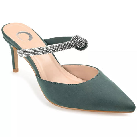 Green high-heeled shoe with embellished strap on a white background