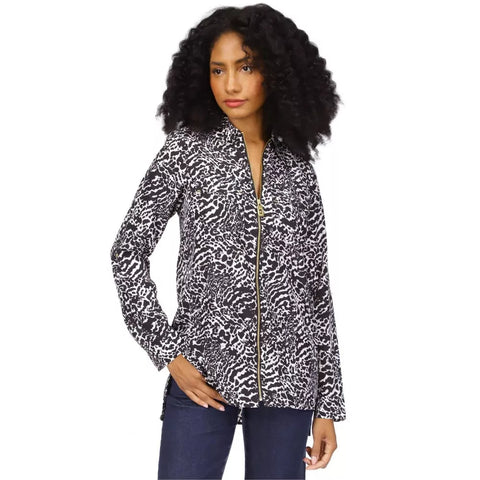 Michael Kors Women's Black & White Petite Animal-Print Zip-Front Blouse | Michael Kors In Lebanon