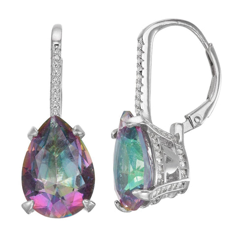 Multicolored teardrop earrings with silver hooks on a white background