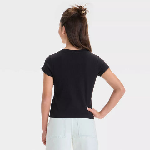 Art Class Girl's Black Short Sleeve Notched Neck Croissant Graphic T-Shirt|Art Class In Lebanon