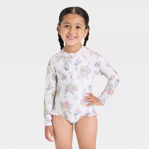 Disney Girl's White Princess Long Sleeve Floral Half Zip One Piece Rash Guard Swimsuit | Disney In Lebanon