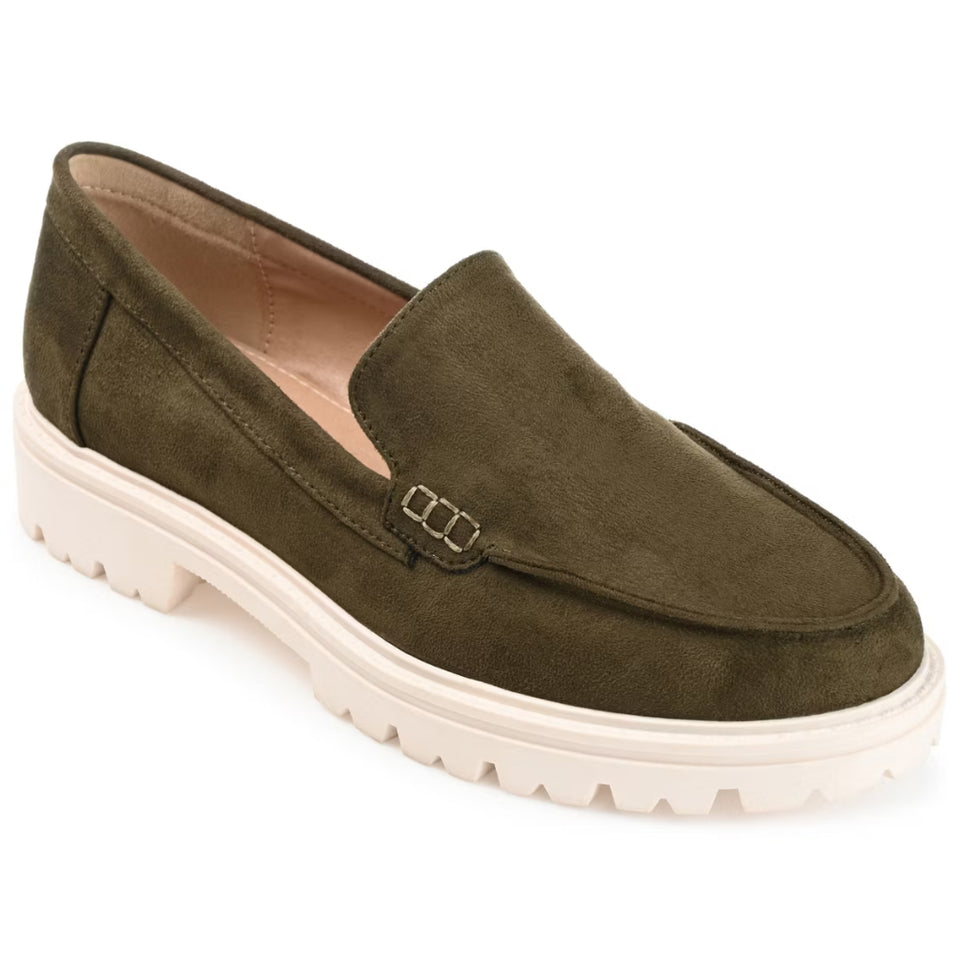 Green suede loafer shoe on a white background