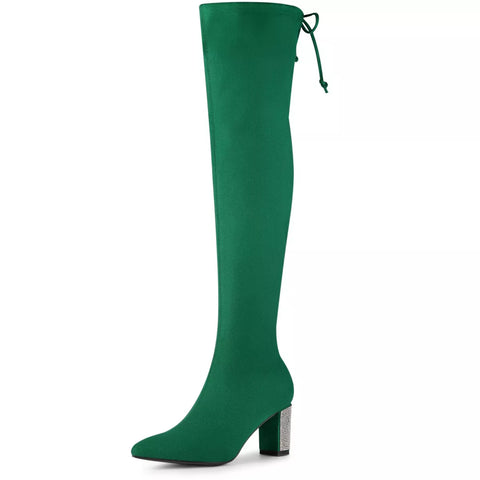 Allegra K Women's Green Chunky Heels Rhinestone Over the Knee High Boots |Allegra K In Lebanon
