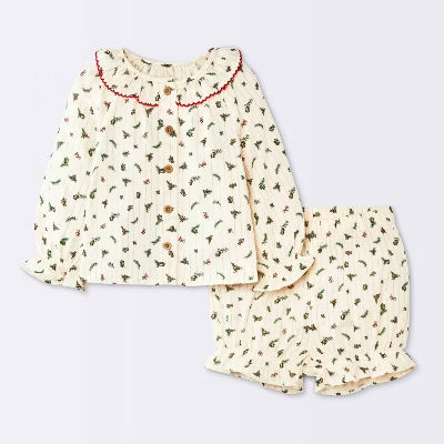 Cloud Island Baby Girls' Christmas Holly Berry 2-Piece Button-Down & Bloomer Set | Cloud Island in Lebanon