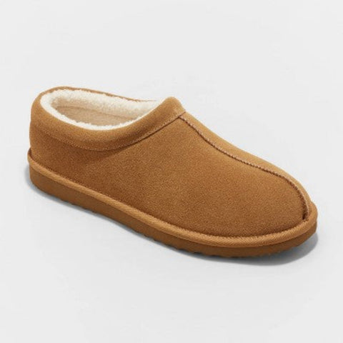 Brown slipper with white lining on a light gray background