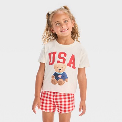 SD  Girl's Red/White  2pc Americana USA Teddy Bear Short Sleeve T-Shirt and Gingham Shorts Set  | SD in Lebanon
