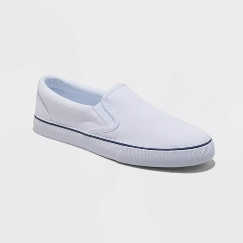 White slip-on sneaker with a thin black stripe on a light gray background