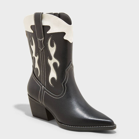Universal Thread Women's Black & White Leather Block Heel Ankle Western Boots |Universal Thread In Lebanon