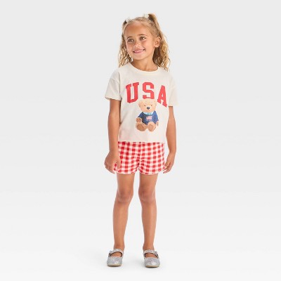 SD  Girl's Red/White  2pc Americana USA Teddy Bear Short Sleeve T-Shirt and Gingham Shorts Set  | SD in Lebanon