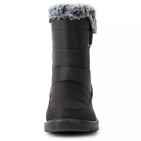 Black winter boot with gray fur trim on a white background