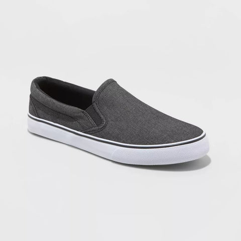 Gray slip-on sneaker with white sole on a light gray background