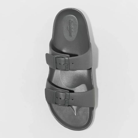 Gray sandal with a buckle on a light gray background