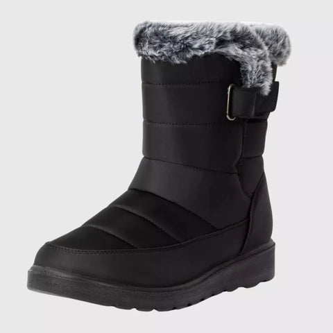 Black winter boot with gray fur lining on a light gray background