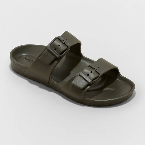Green sandal with double buckle strap on a white background