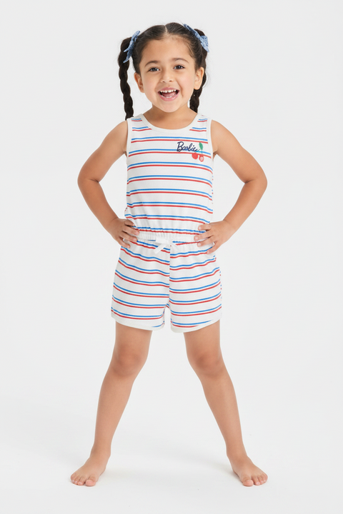 Barbie Girl's White Lined Red/Blue Barbie Americana Cherry Romper |Barbie  in Lebanon