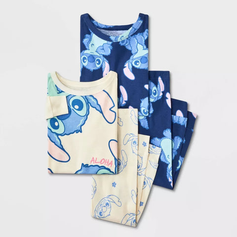 Disney Kid's Blue/White 4pc Lilo & Stitch Cotton Long Sleeve Pajama Set | Disney In Lebanon