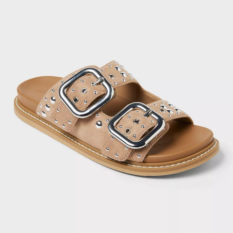 Universal Thread Women's Tan Collin Double Buckle Footbed Slippers |Universal Thread In Lebanon