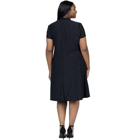 24 Seven  Women's Black Plus Size Short Sleeve Knee Length V Neck Rouched Wrap Dress  |24 Seven in Lebanon