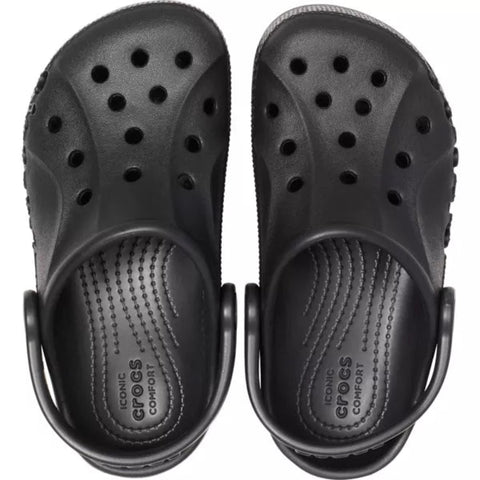 Black clogs with 'Crocs' branding on a white background