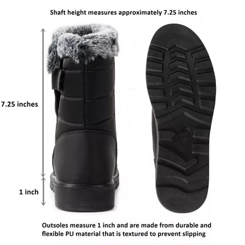 Black winter boot with fur lining, shown from front and side views, on a white background.
