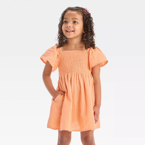 Cat & Jack Girl's Peach Orange Gold Striped Short Sleeve Dress | Cat & Jack In Lebanon