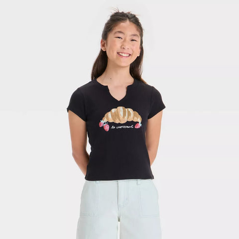 Art Class Girl's Black Short Sleeve Notched Neck Croissant Graphic T-Shirt|Art Class In Lebanon