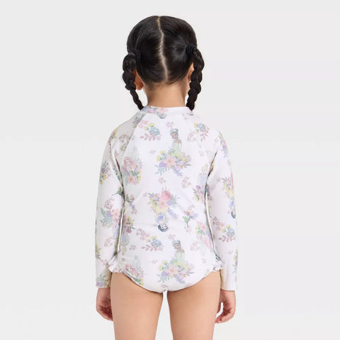Disney Girl's White Princess Long Sleeve Floral Half Zip One Piece Rash Guard Swimsuit | Disney In Lebanon
