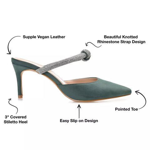 Green high-heeled shoe with rhinestone strap, labeled features on a white background
