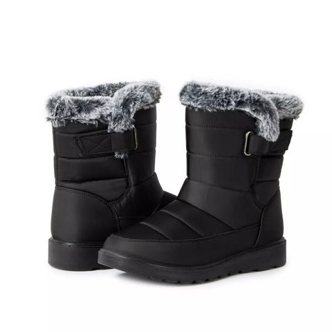 Black winter boots with gray fur trim on a white background