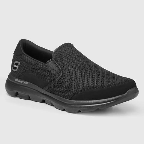 Black slip-on shoe with 'Ultra Comfort' label on a light gray background