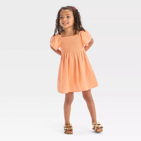 Cat & Jack Girl's Peach Orange Gold Striped Short Sleeve Dress | Cat & Jack In Lebanon