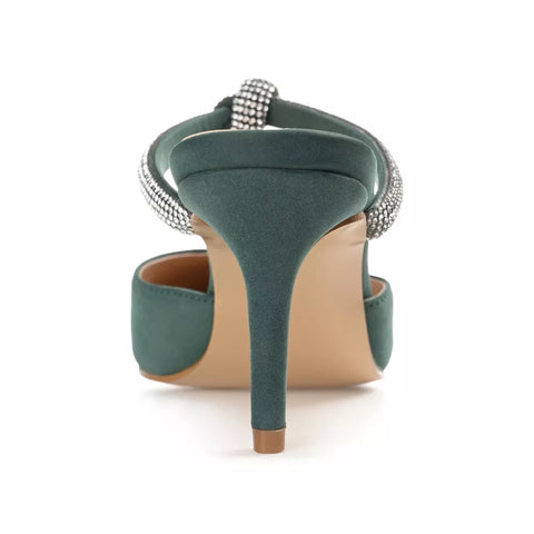 Green high-heeled shoe with embellished strap on a white background